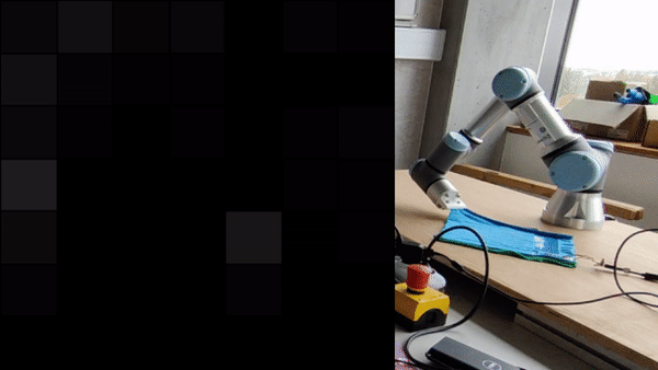Robot folding a piece of smart cloth with sensor readout visualisation.