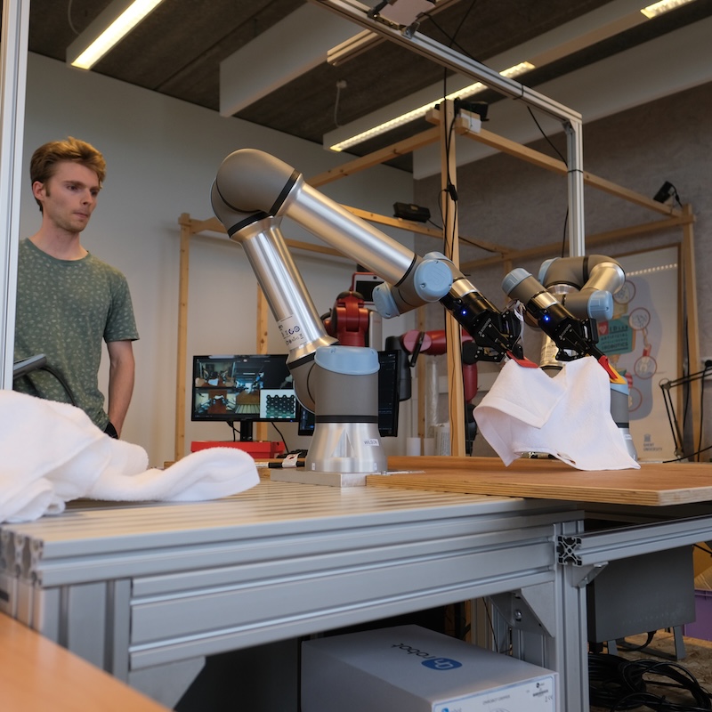 Cloth manipulation: two-time world champion (IROS'22, ICRA'23). Folds unseen garments in under two minutes using AI perception and tactile sensing.